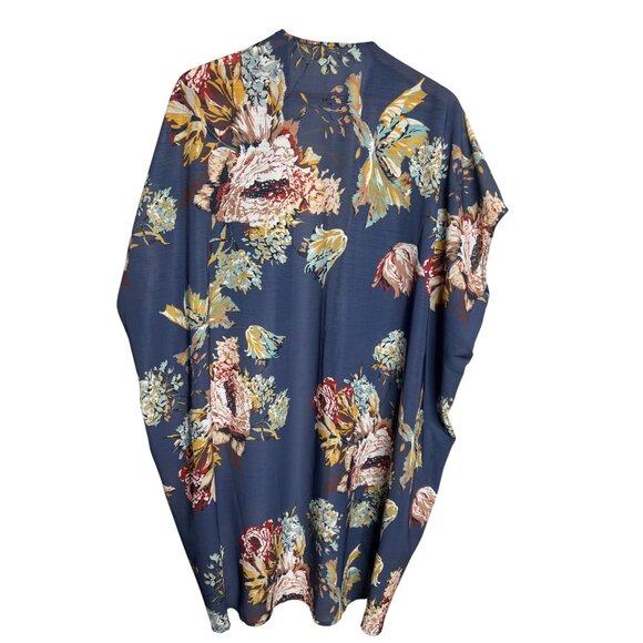 2X Floral Navy Blue Floral Sheer Open Front Kimono Cardigan Plus Size - Picture 2 of 10